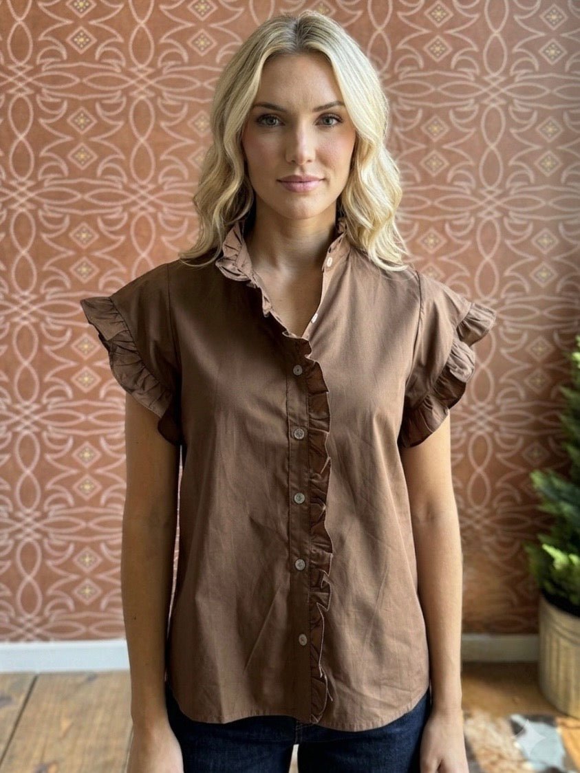 Ruffle Trimed Button front Top - High Call Outfitters
