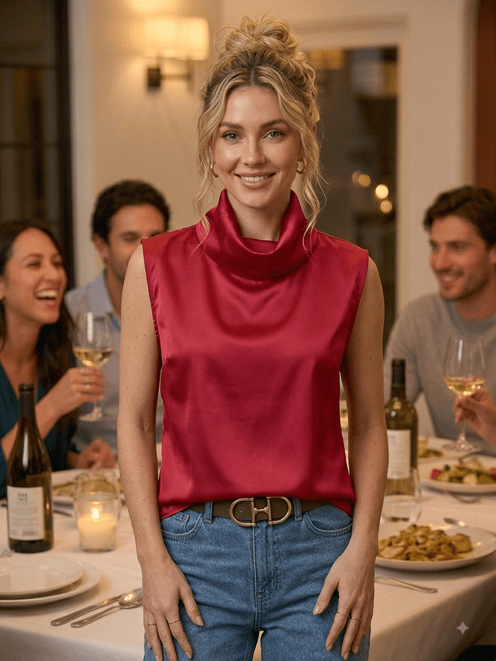 Sleeveless Drape Mock Neckline Satin Top - High Call Outfitters