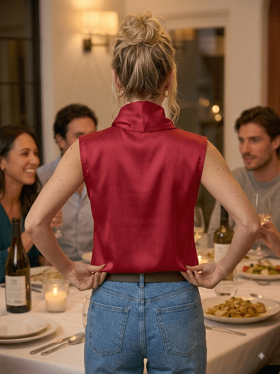 Sleeveless Drape Mock Neckline Satin Top - High Call Outfitters