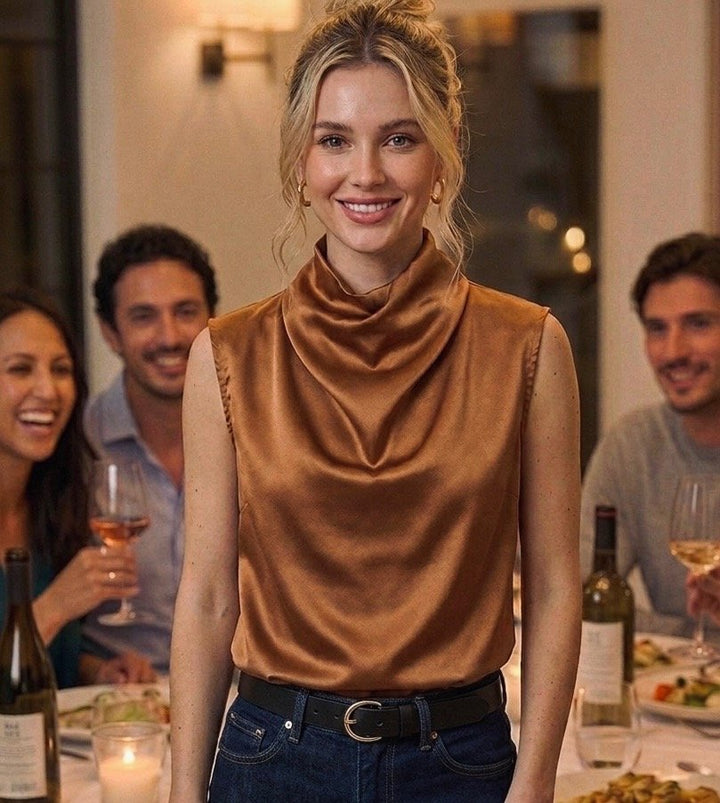 Sleeveless Drape Mock Neckline Satin Top