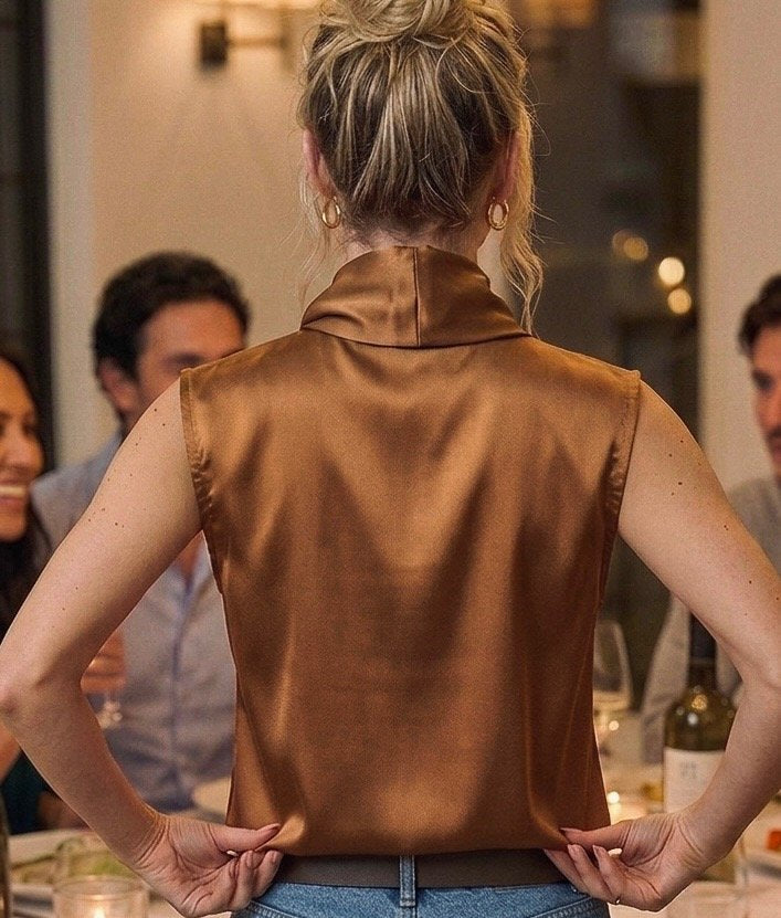 Sleeveless Drape Mock Neckline Satin Top