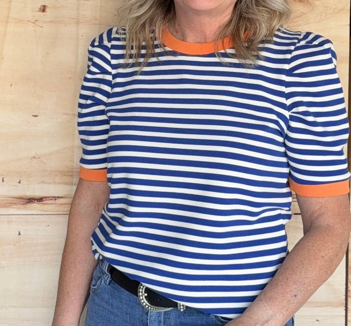 Pleated Sleeve Stripe Knit Top - High Call Outfitters