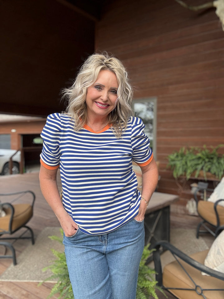 Pleated Sleeve Stripe Knit Top