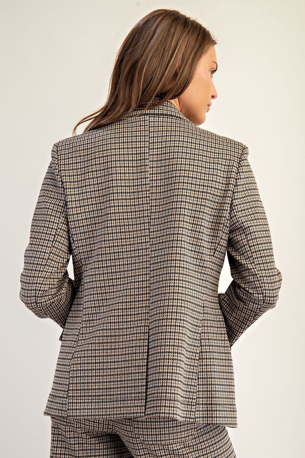 Houndstooth Pattern Long Sleeve Blazer - High Call Outfitters
