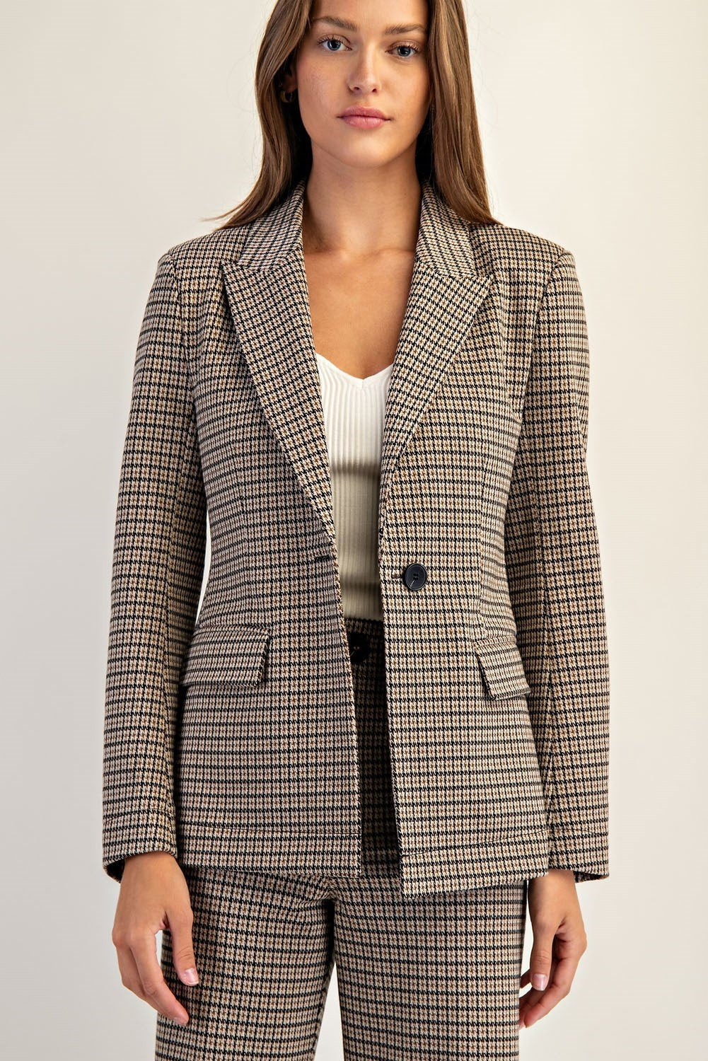 Houndstooth Pattern Long Sleeve Blazer - High Call Outfitters