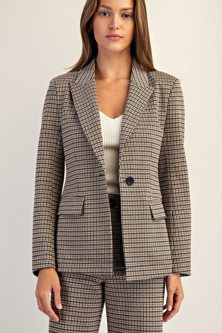 Houndstooth Pattern Long Sleeve Blazer - High Call Outfitters