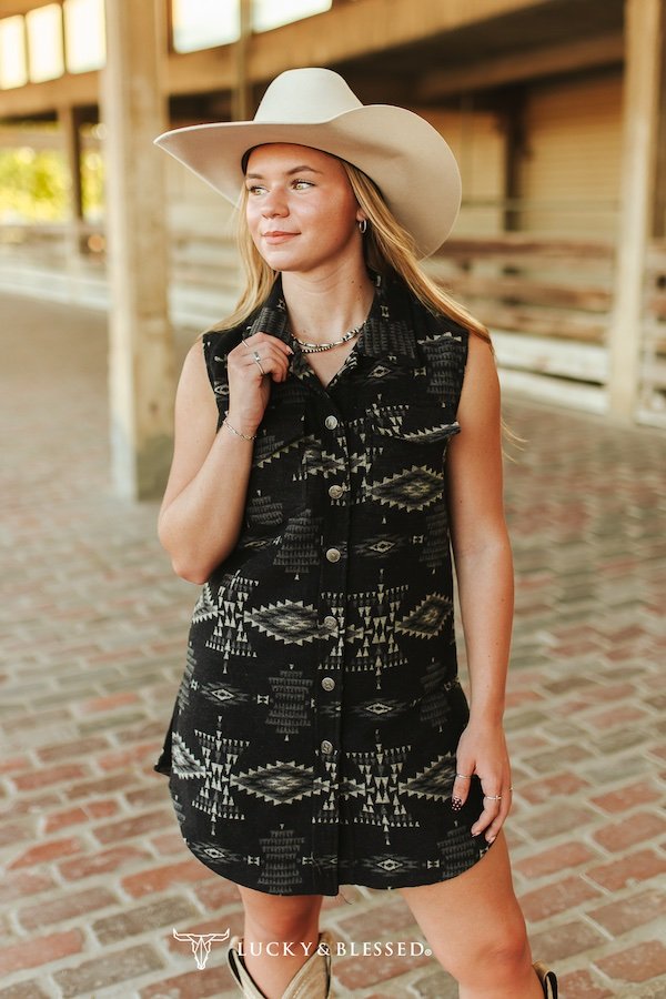 Black Aztec Wool Blend Button Down Sleeveless Shacket