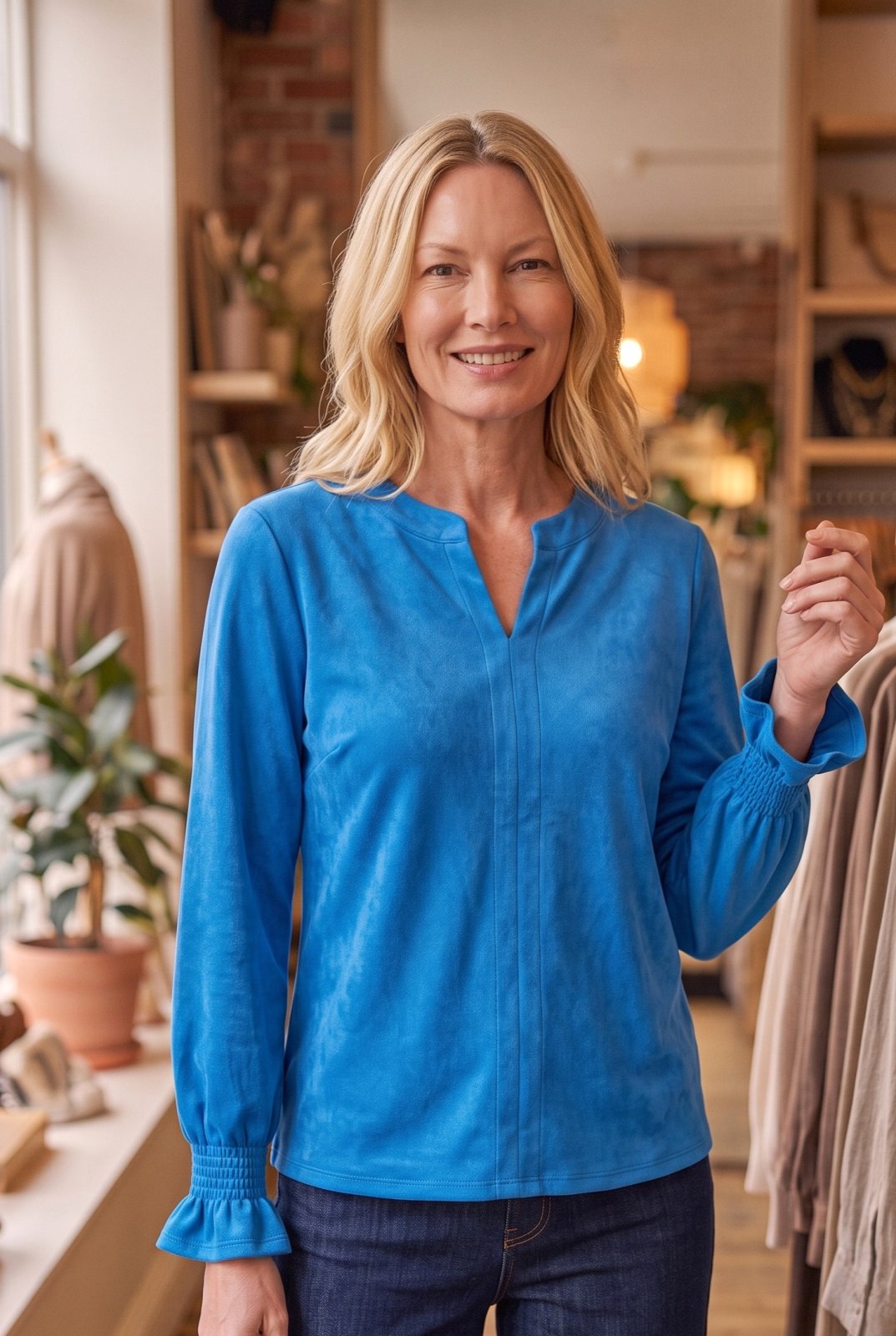 Split Neck Sueded Long Sleeve Top from Multiples