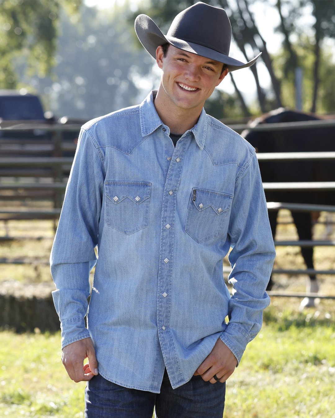 Sawtooth Diamond Pearl Snap Modern Fit Denim Shirt from Cinch - High Call Outfitters