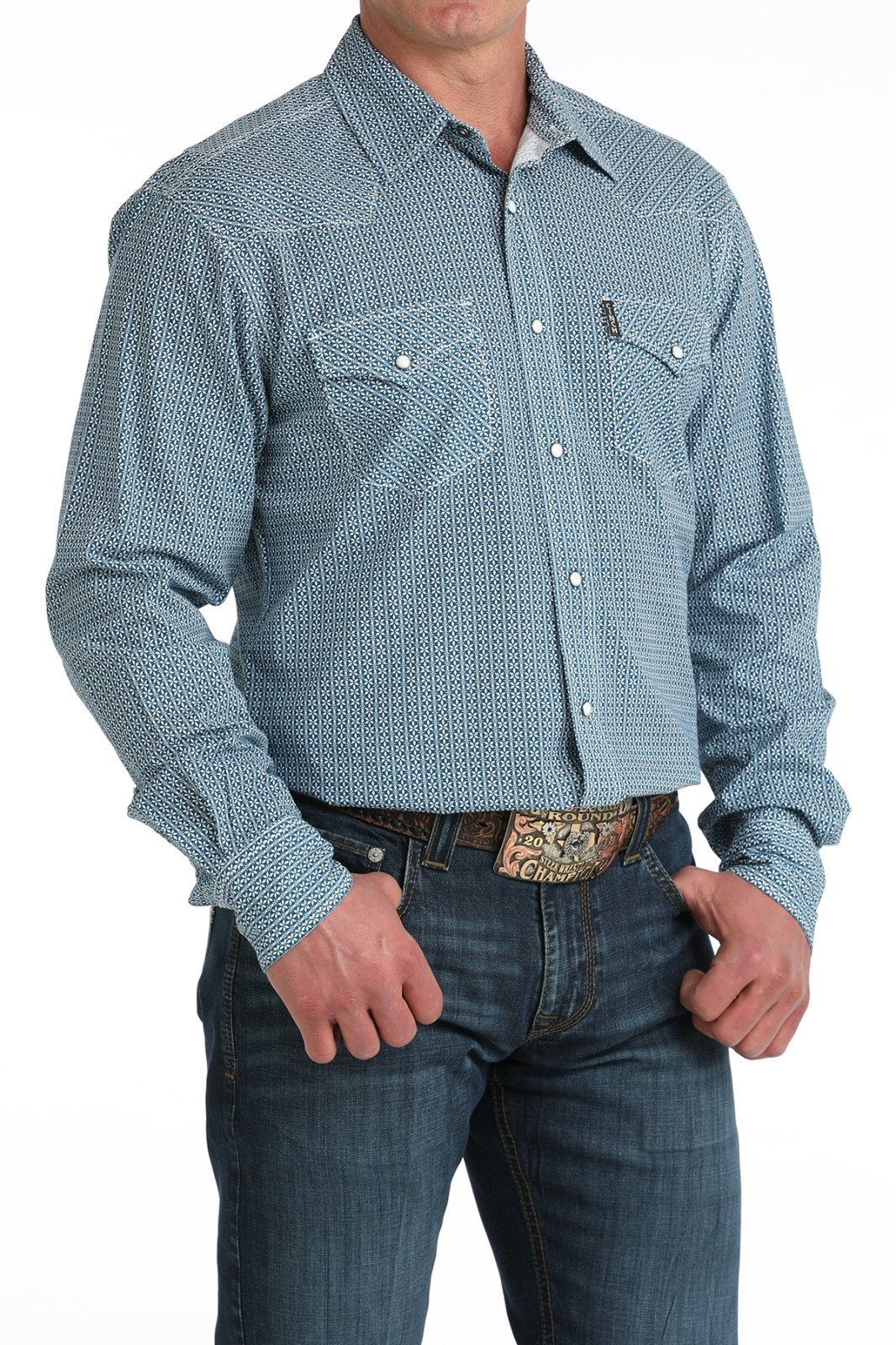 Mens Blue Modern Fit Print Snap Front Shirt from Cinch - High Call Outfitters