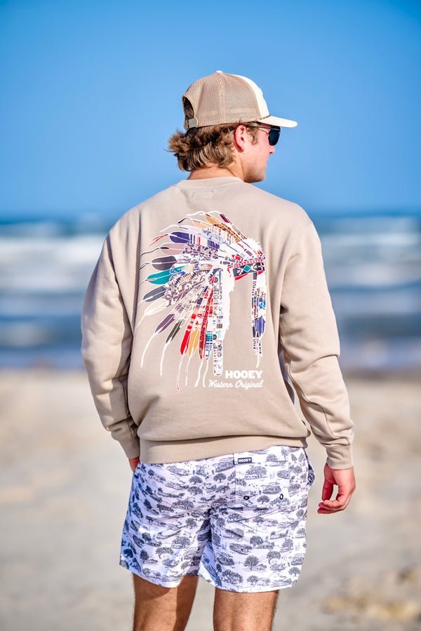 Heritage Crew Men's Simply Taupe Tan Pullover with Multi Color Head Dress on Back from Hooey - High Call Outfitters