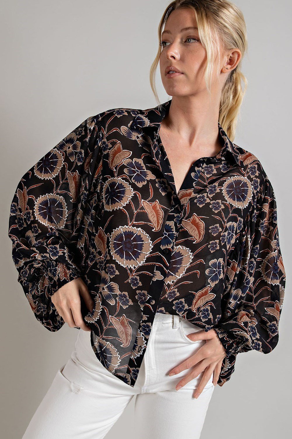 Puff Sleeve All Over Print Top - High Call Outfitters