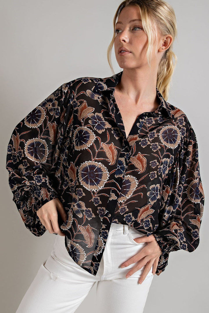 Puff Sleeve All Over Print Top - High Call Outfitters
