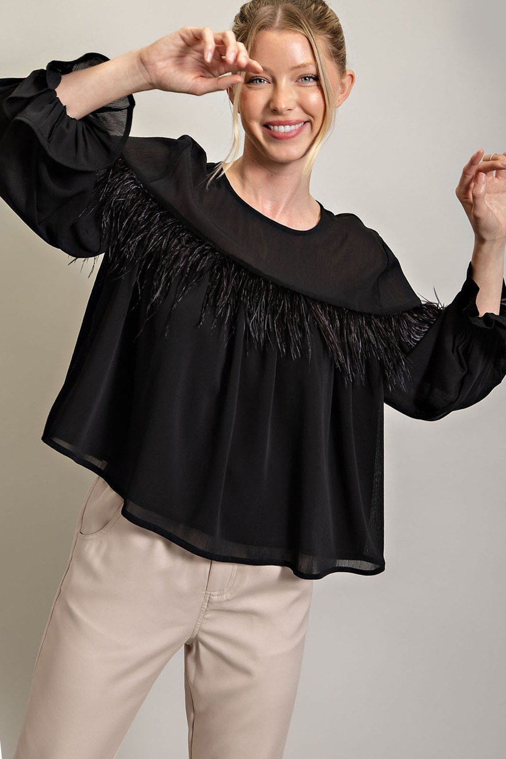 Feathered Long Sleeve Top - High Call Outfitters