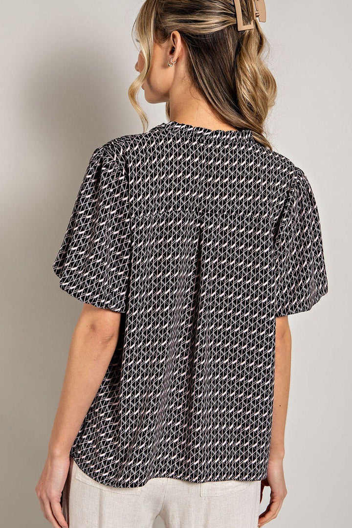 Tie Front Ruffle Neckline Printed Top - High Call Outfitters