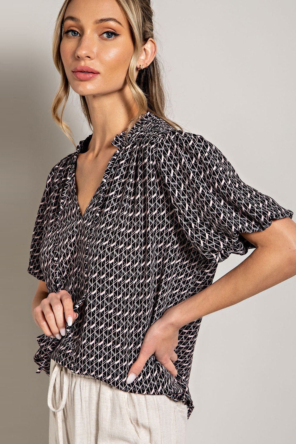 Tie Front Ruffle Neckline Printed Top - High Call Outfitters