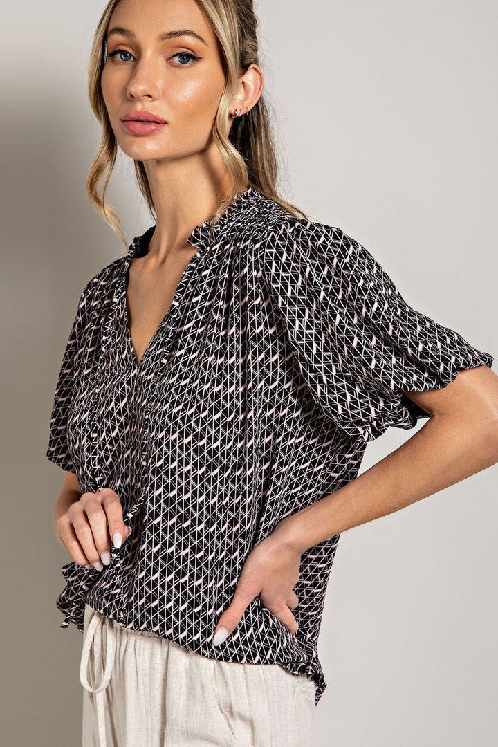 Tie Front Ruffle Neckline Printed Top - High Call Outfitters