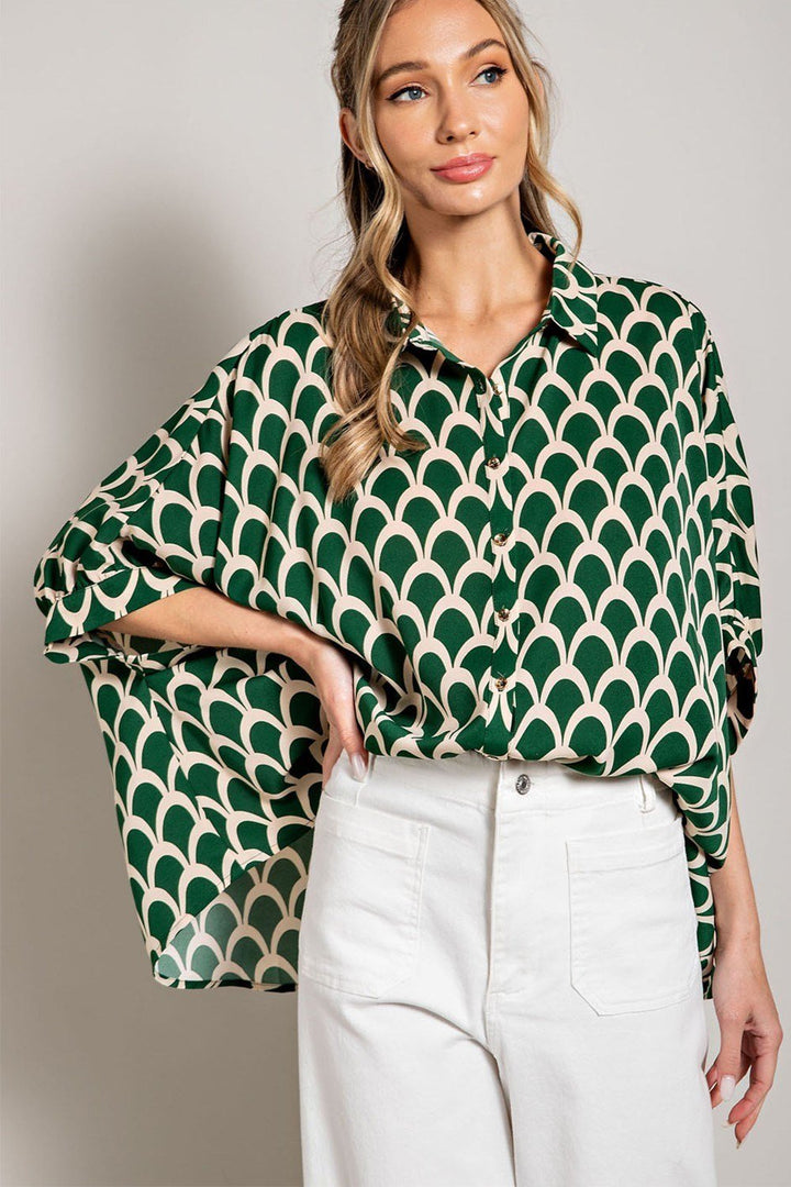 Print Button Down Blouse