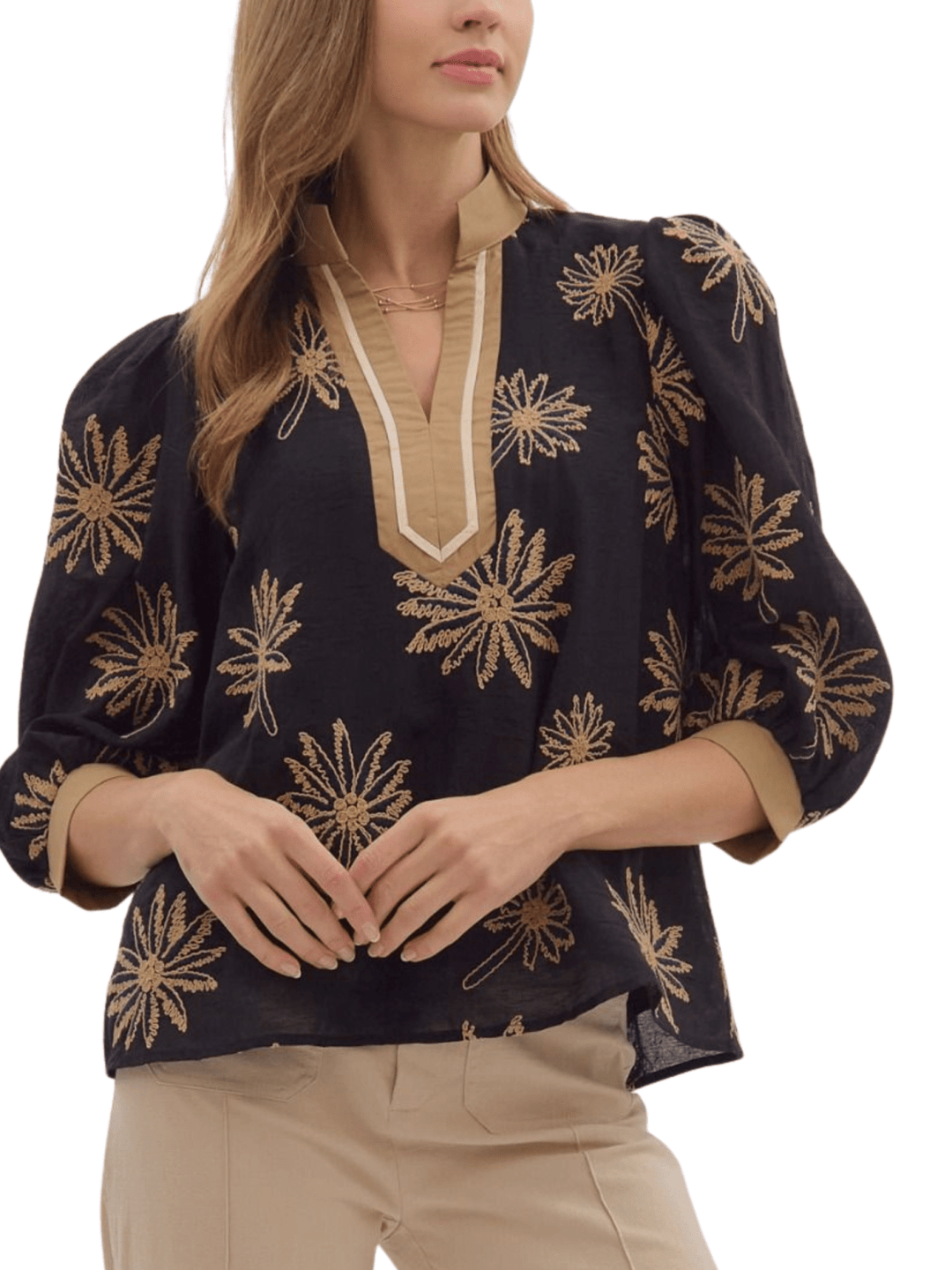 Embroidered Contrast V Neckline Top - High Call Outfitters