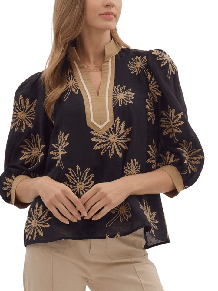 Embroidered Contrast V Neckline Top - High Call Outfitters