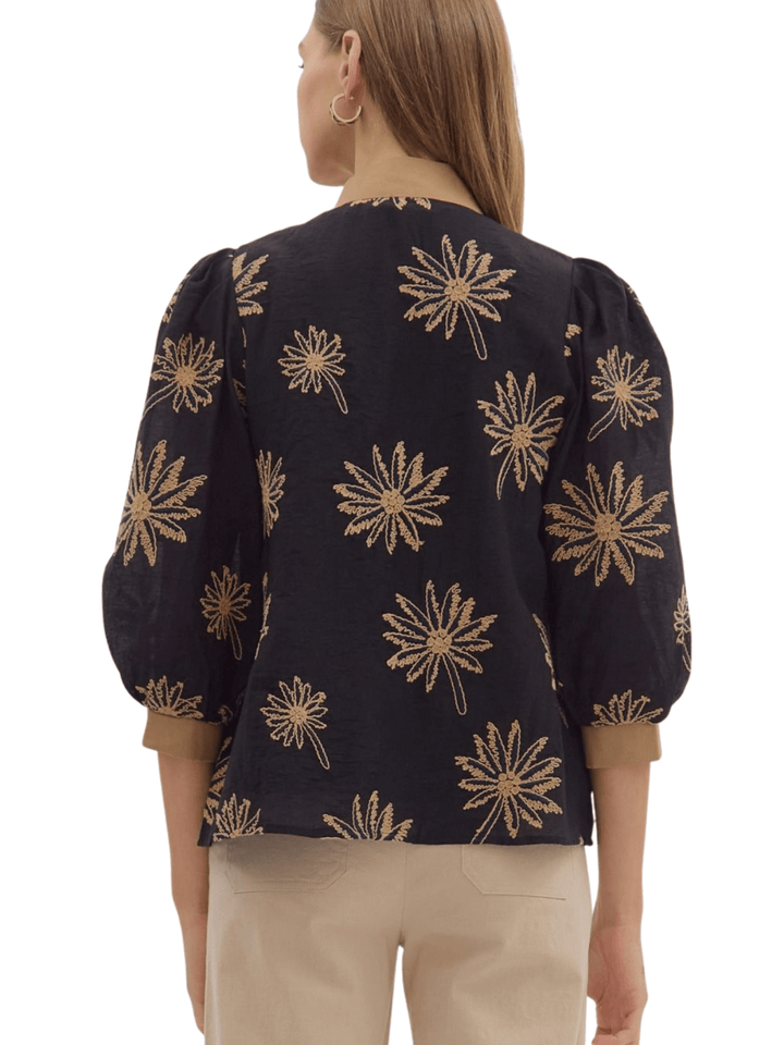 Embroidered Contrast V Neckline Top - High Call Outfitters