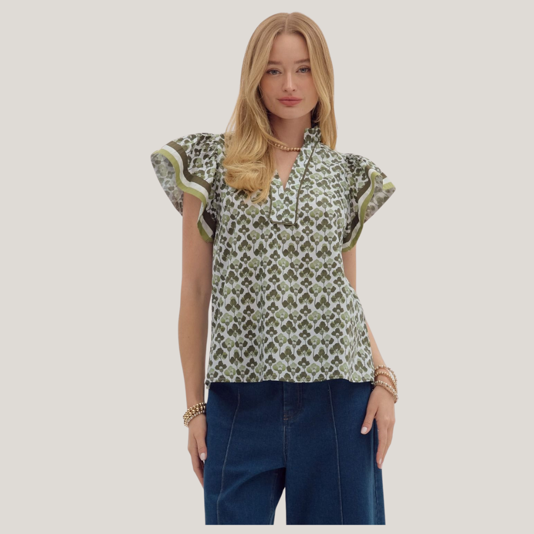 All Over Print Ruffle Sleeve Top - High Call Outfitters