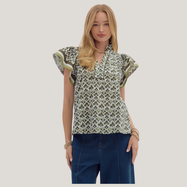 All Over Print Ruffle Sleeve Top