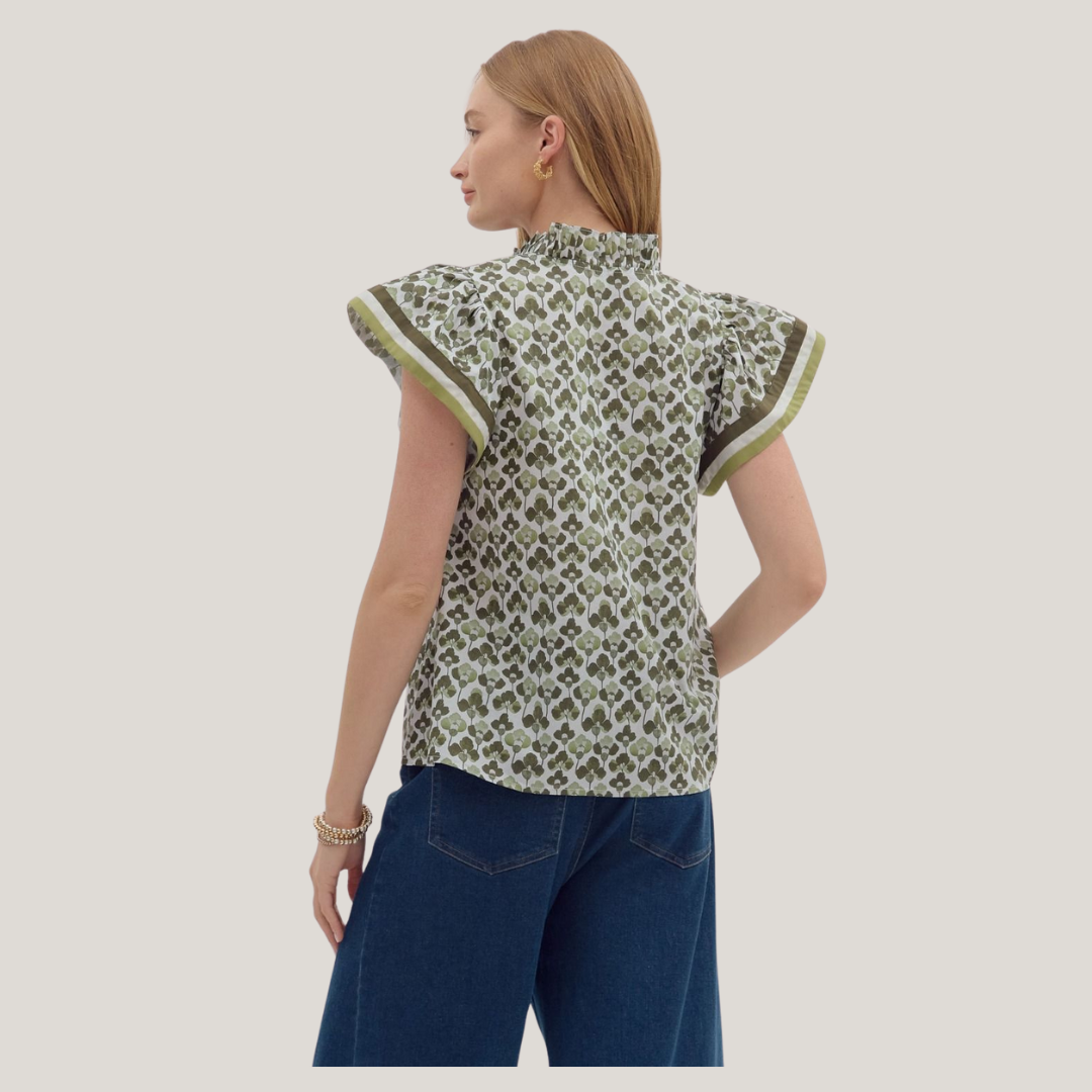 All Over Print Ruffle Sleeve Top