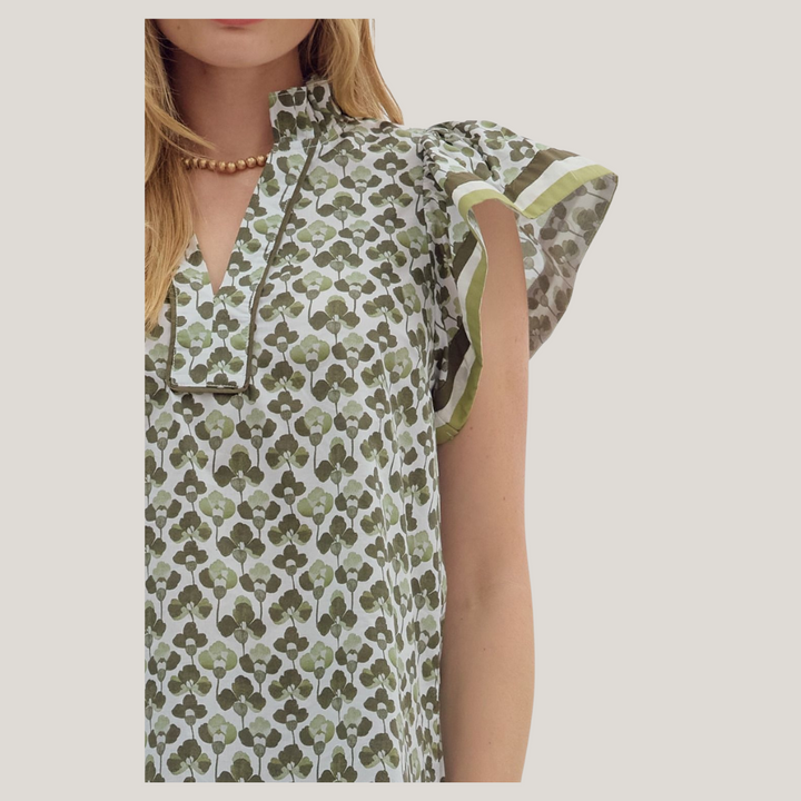 All Over Print Ruffle Sleeve Top