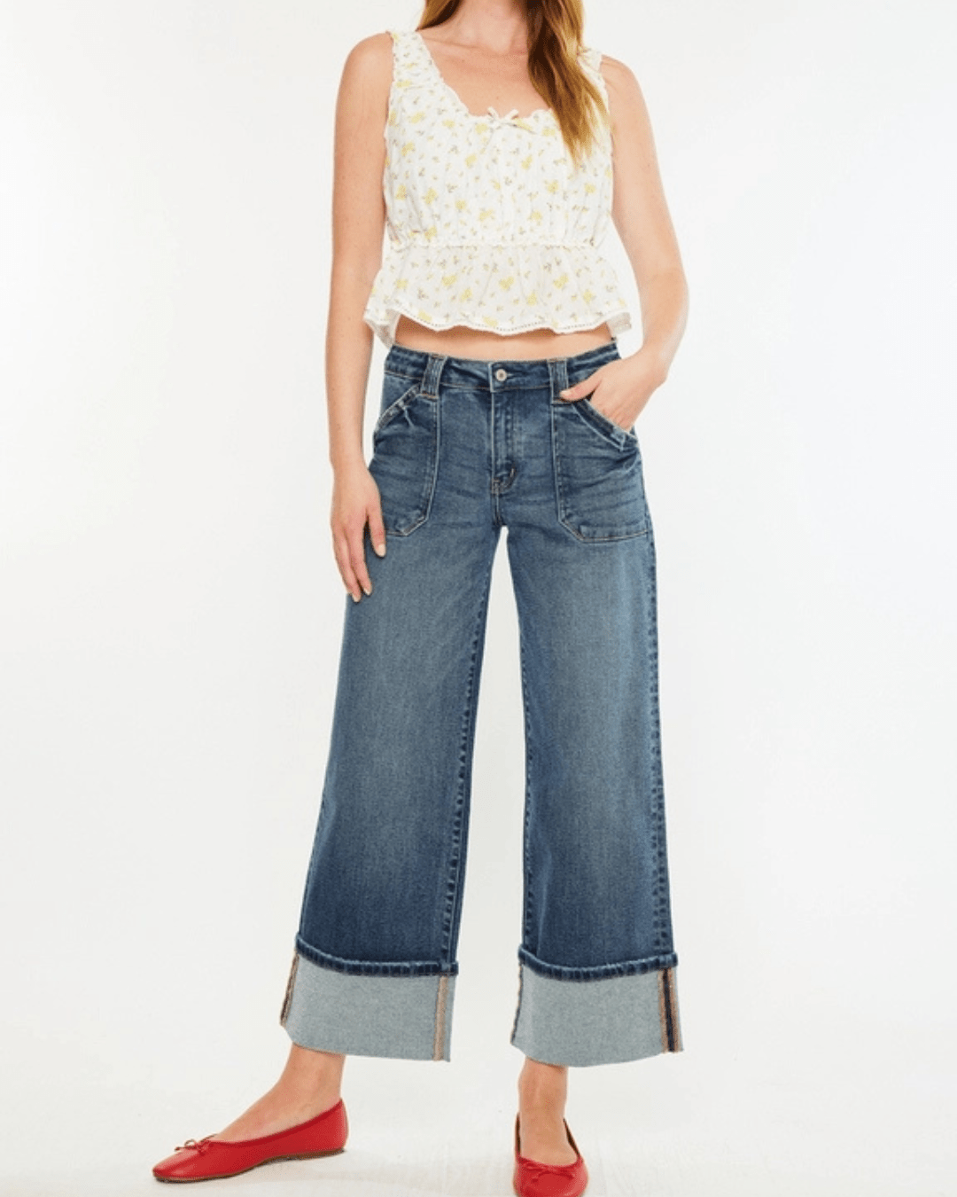Mid Rise Wide Leg Cuffed Denim from Kan Can - High Call Outfitters