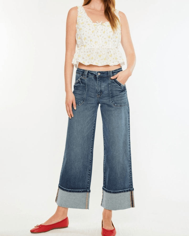 Mid Rise Wide Leg Cuffed Denim from Kan Can - High Call Outfitters