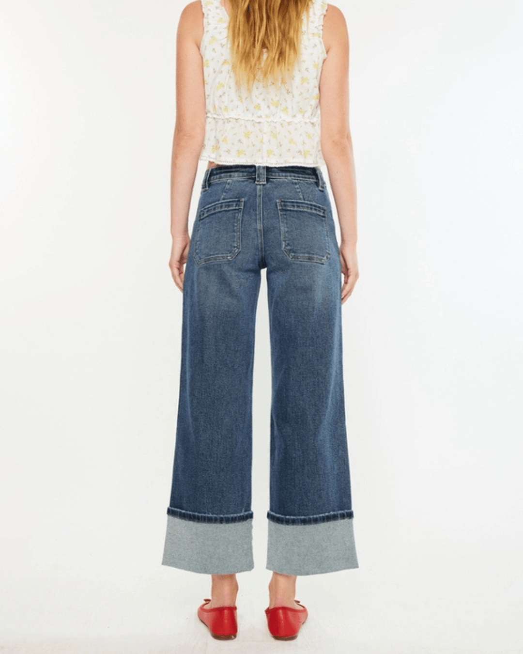 Mid Rise Wide Leg Cuffed Denim from Kan Can - High Call Outfitters
