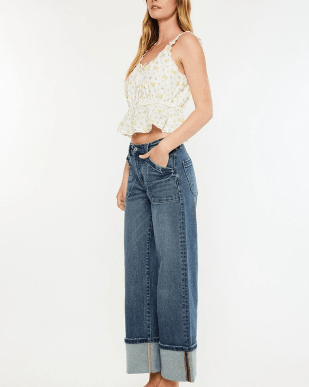 Mid Rise Wide Leg Cuffed Denim from Kan Can - High Call Outfitters