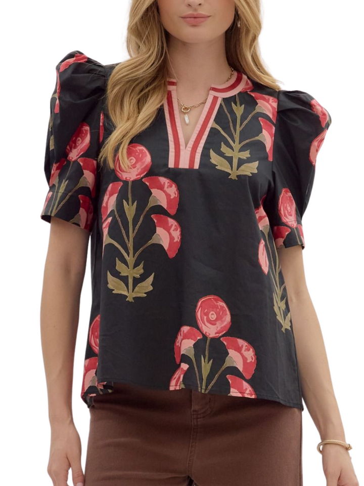 Floral Print with Contrast Trim Top