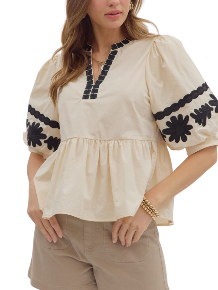 Bubble Sleeve Embroidered Top