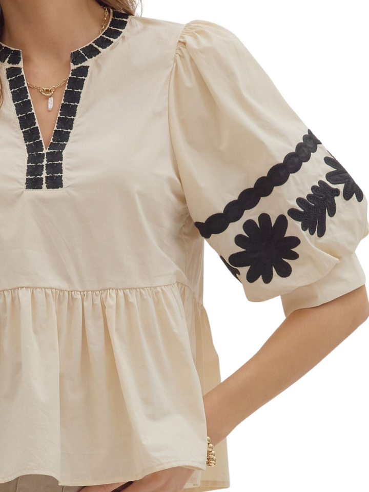 Bubble Sleeve Embroidered Top