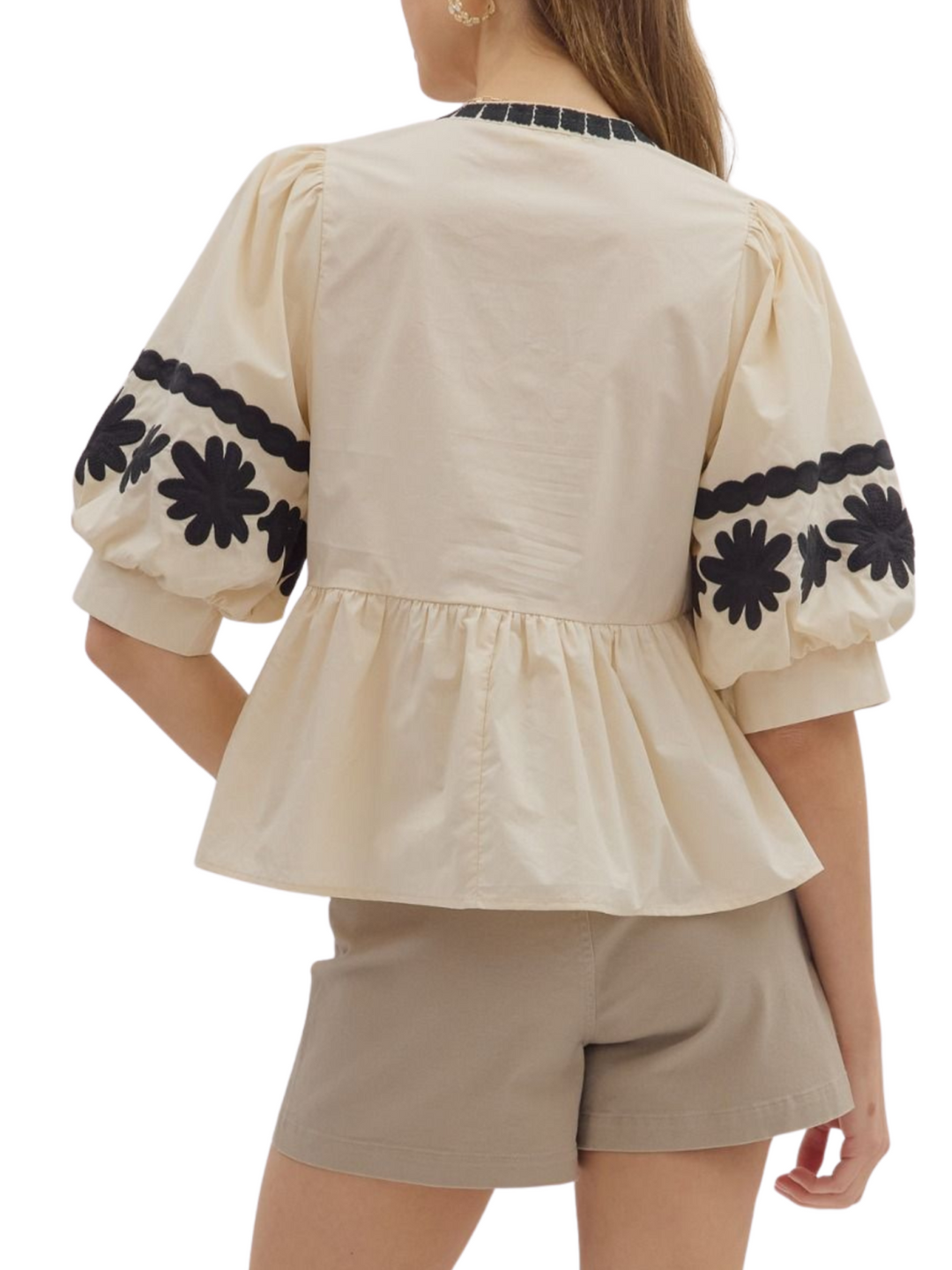 Bubble Sleeve Embroidered Top
