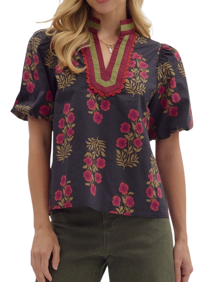 Floral Bouquet Contrast Trim Top