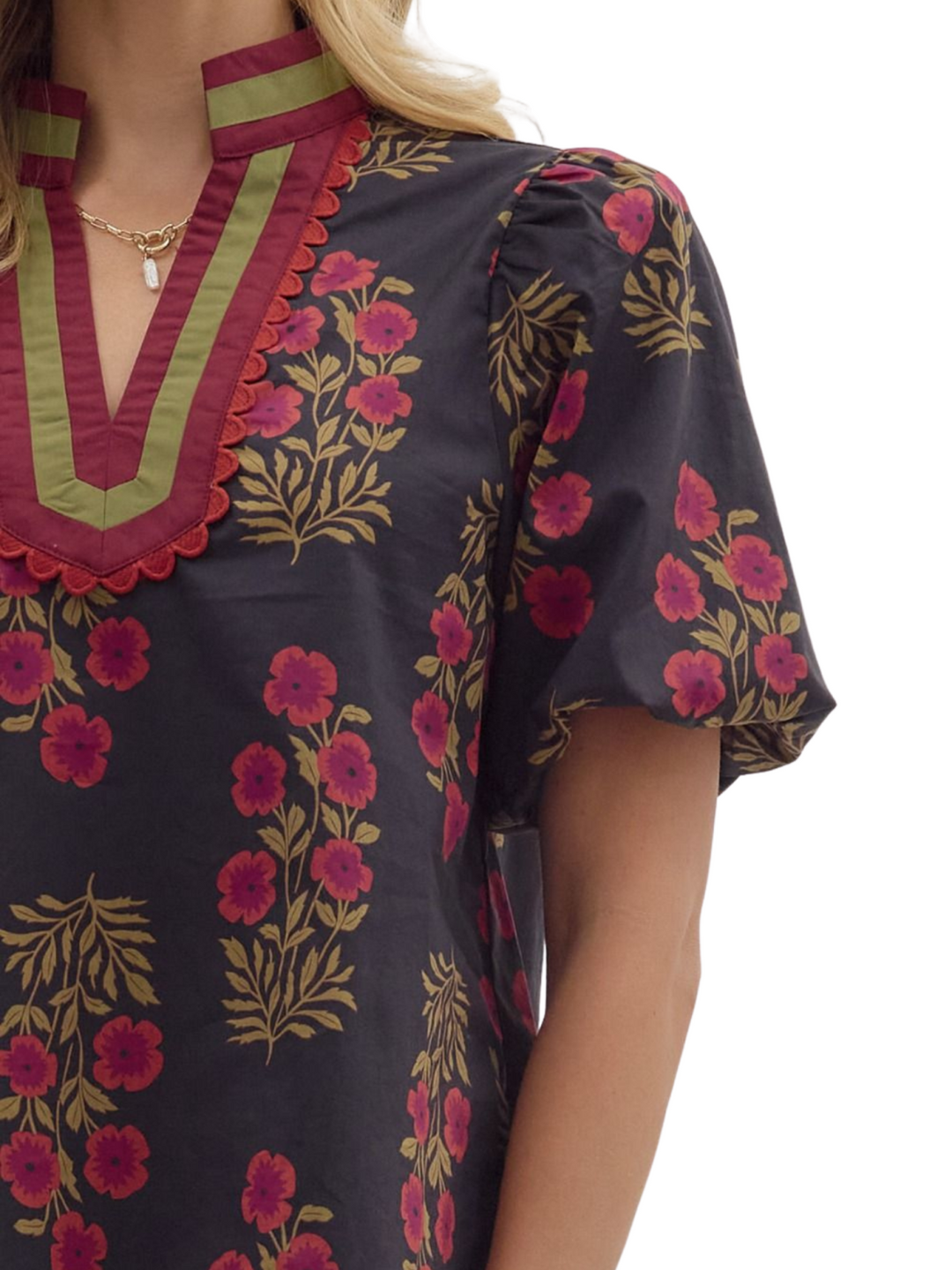 Floral Bouquet Contrast Trim Top