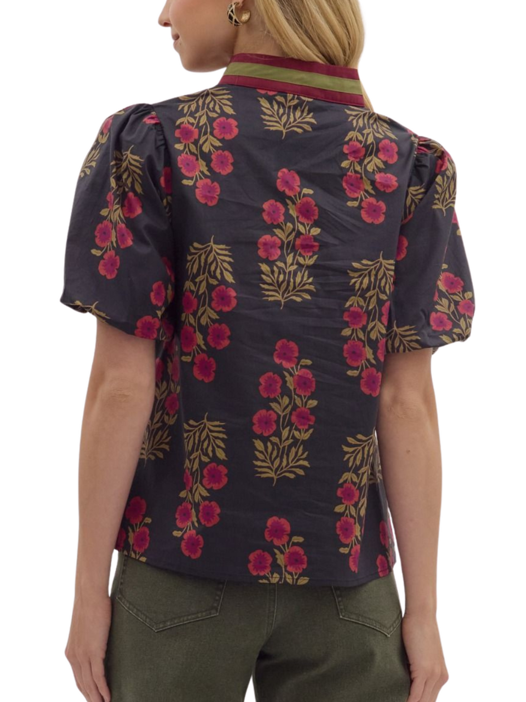 Floral Bouquet Contrast Trim Top