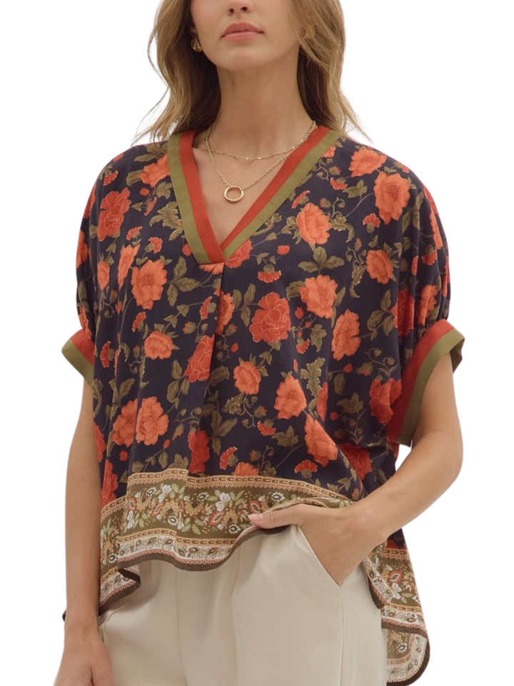 Contrast V Neck Floral Top