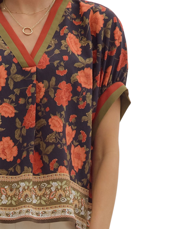 Contrast V Neck Floral Top