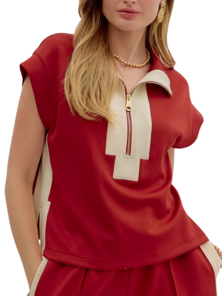 Contrast Accent Zip Front Top