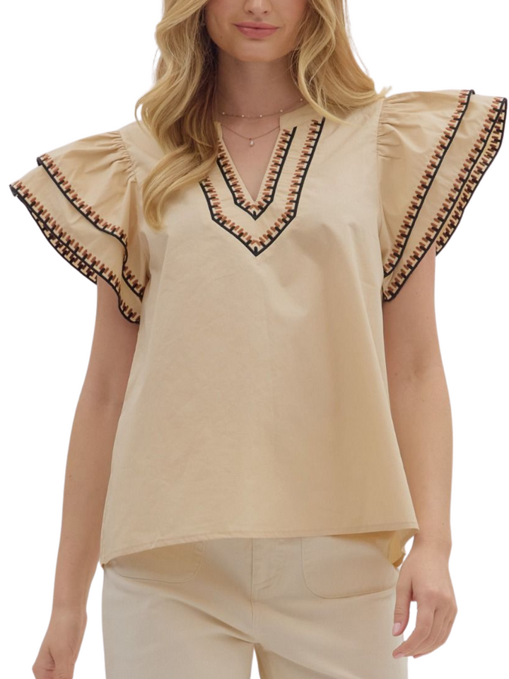 Ruffle Sleeveless Top with Contrast Stitch Top