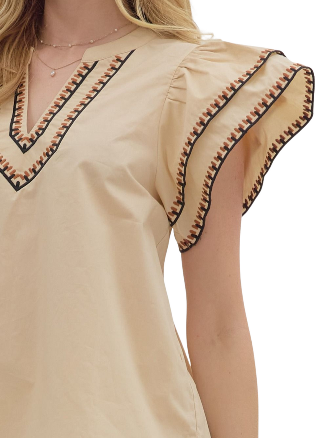 Ruffle Sleeveless Top with Contrast Stitch Top