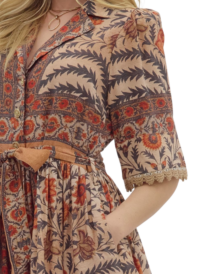 Front Button Botanical Mini Dress