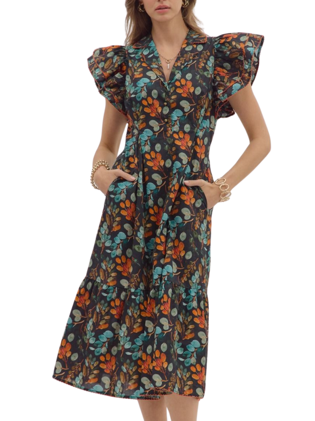 All Over Print Ruffle Sleeve Dress