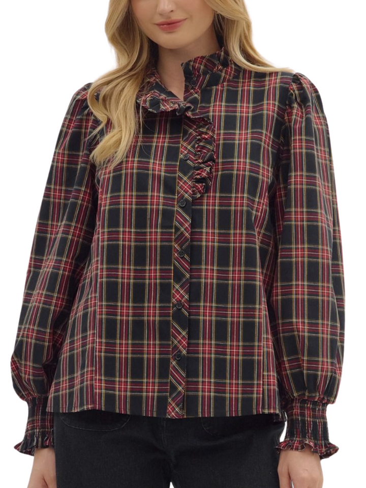 Plaid Ruffle Front Long Sleeve Top