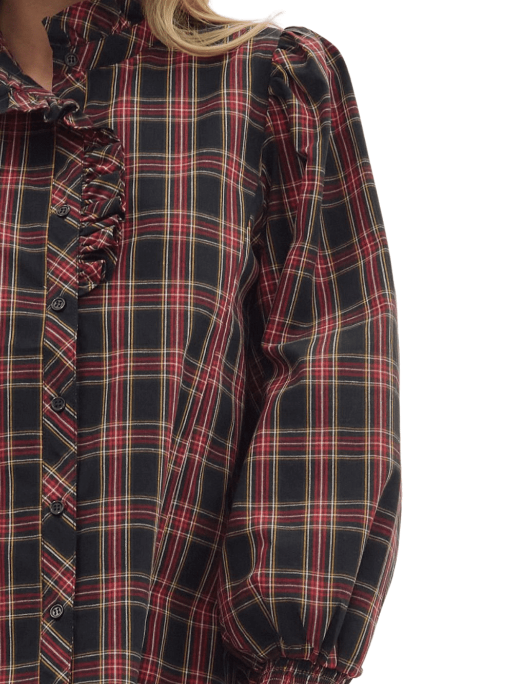 Plaid Ruffle Front Long Sleeve Top - High Call Outfitters