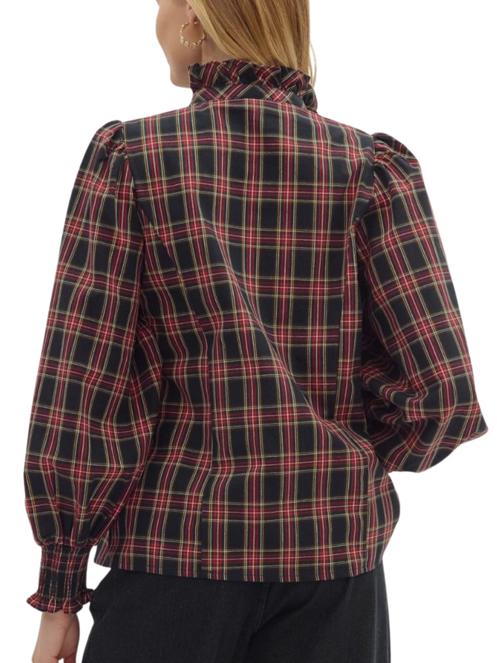 Plaid Ruffle Front Long Sleeve Top